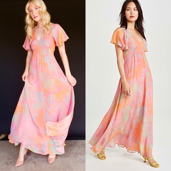 VEDA Bright Floral Short Flutter Sleeve V-Neck Ruched Empire Waist Maxi Dress XS - Picture 8 of 16